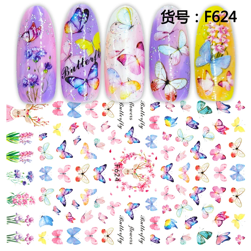 

1 Sheet Colorful Butterfly Flowers Design Nail Art Sticker Rose Flower Geometry Sliders DIY Nails Cherry Blossom Decal Manicure