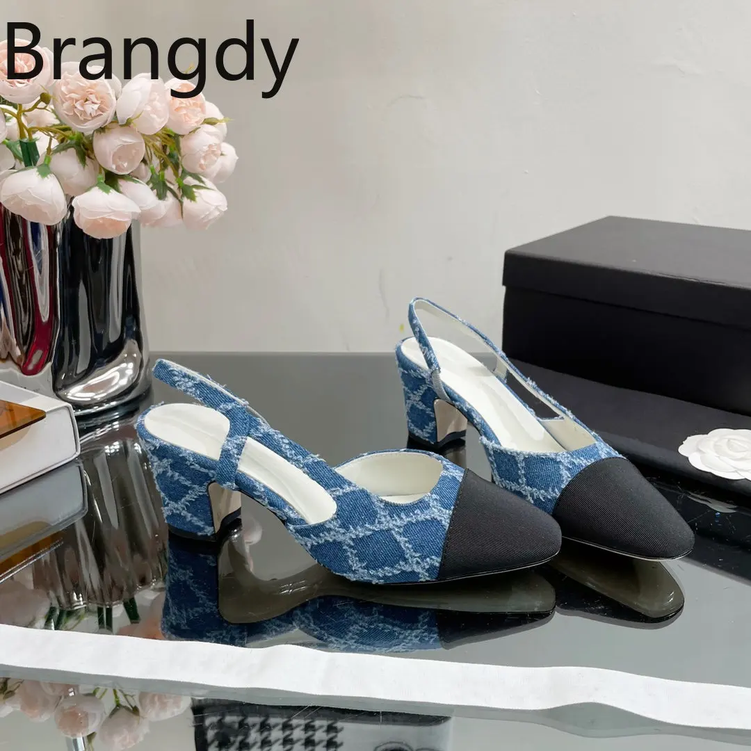 

Women Shoes Size34-43 Denim Sandals Plaid Med Heels Slingbakcs Pumps Summer Designer Shoes Round Toe Slip On Zapatillas Mujer