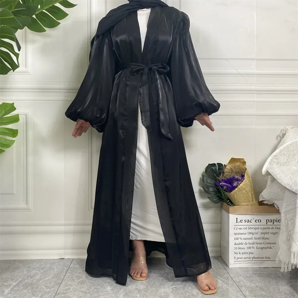 Ид Мубарак Блестящие атласные открытые кимоно Абая Femme Musulmane с пышными рукавами