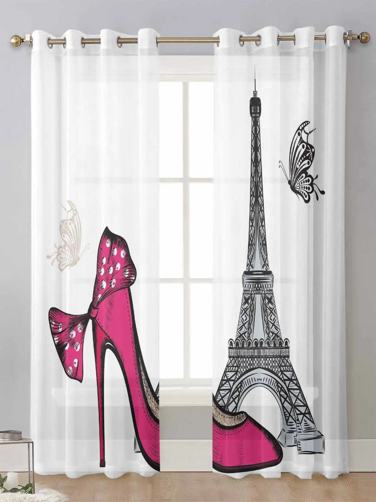 

Red High Heels Eiffel Tower Butterfly White Sheer Curtains For Living Room Window Voile Tulle Curtain Cortinas Drapes Home Decor
