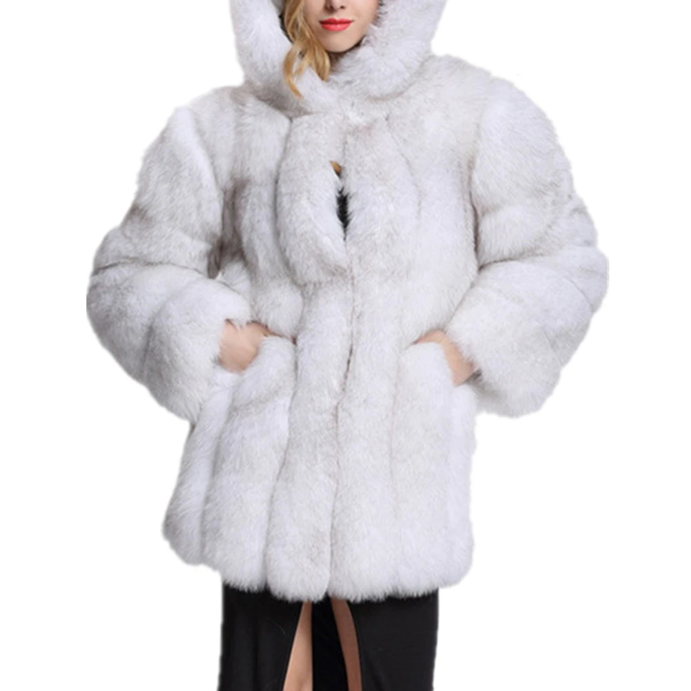 Lisa Colly Fashion Women Autumn Winter Fur Coat Long Sleeve Faux Fur Outerwear Lady Long Sleeves With Hoodes Fur Jacket S-4XL