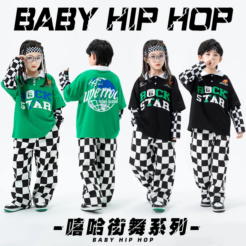 

Kids Teen Kpop Outfits Hip Hop Clothing Checkered Polo Shirt Tops Streetwear Pants For Girls Boys Jazz Dance Costume Clothes