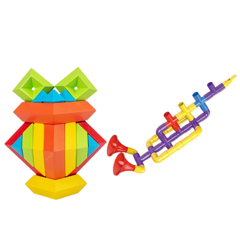 

2 Set Block Toys: 1 Set Color Pipe Horn Sound Wheel Building Block Toys & 1 Set Stacked Tower Colorful Pyramid Blocks