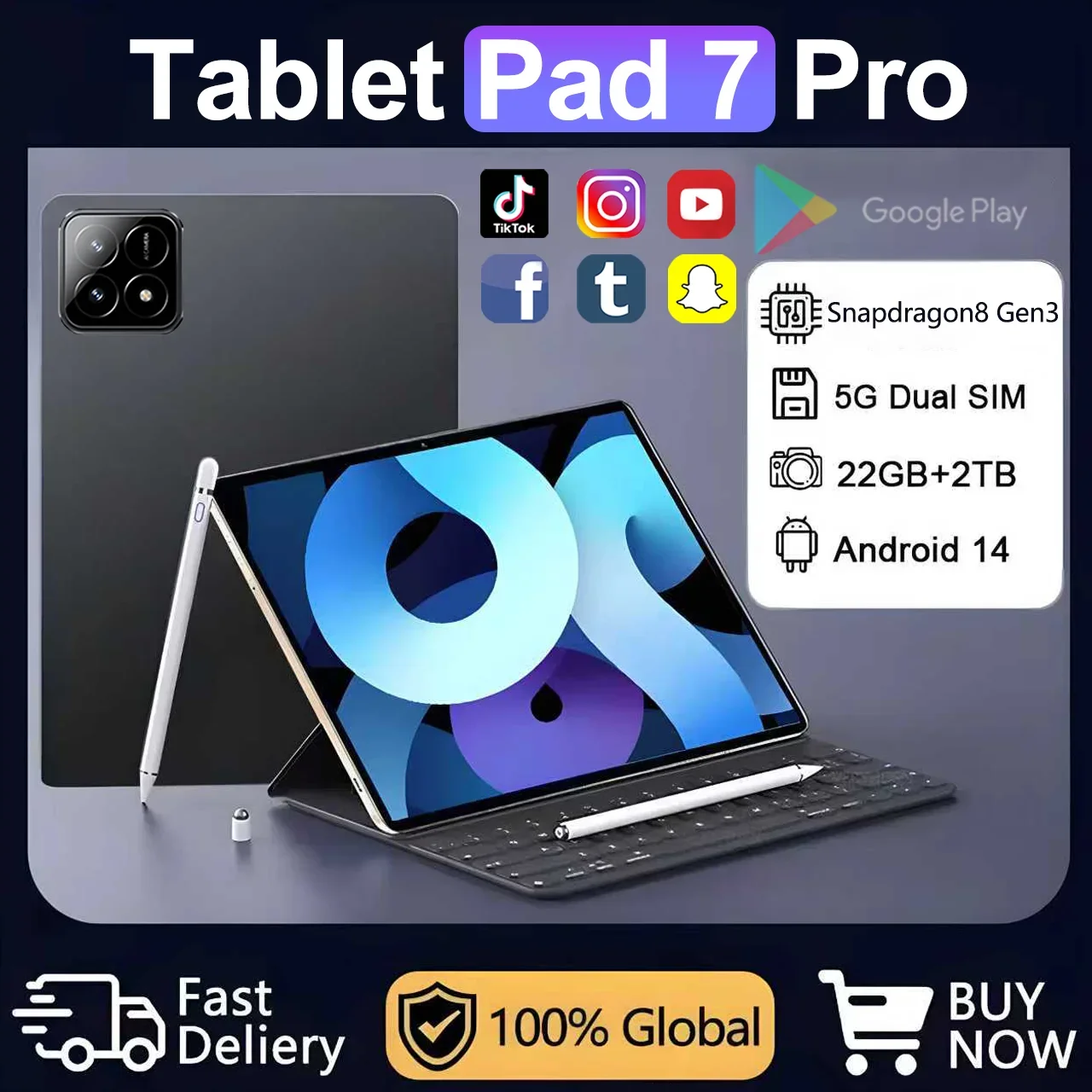 Фото Новая глобальная версия 5G Tablet Pad 7 Pro 4K HD 120 Гц Дисплей Snapdragon 8 Gen2 20000 мАч 22 ГБ + 2 ТБ Android 14 Dual SlM WlFl MI PC №1