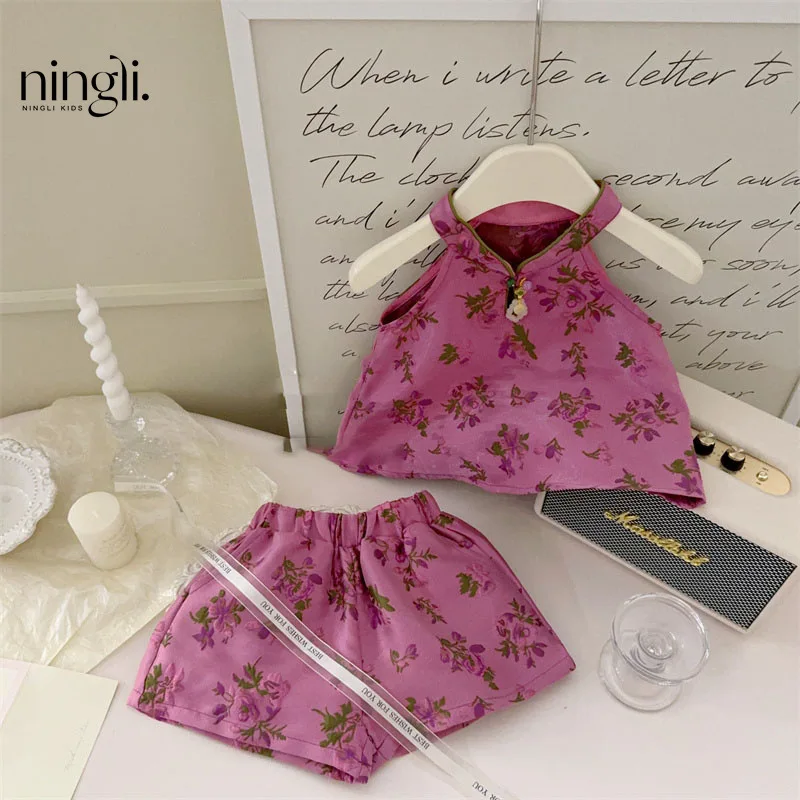 Фото Летняя одежда Hanfu для девочек, детский новый китайский комплект Cheongsam в национальном стиле, комплект одежды Тан для маленьких девочек №1
