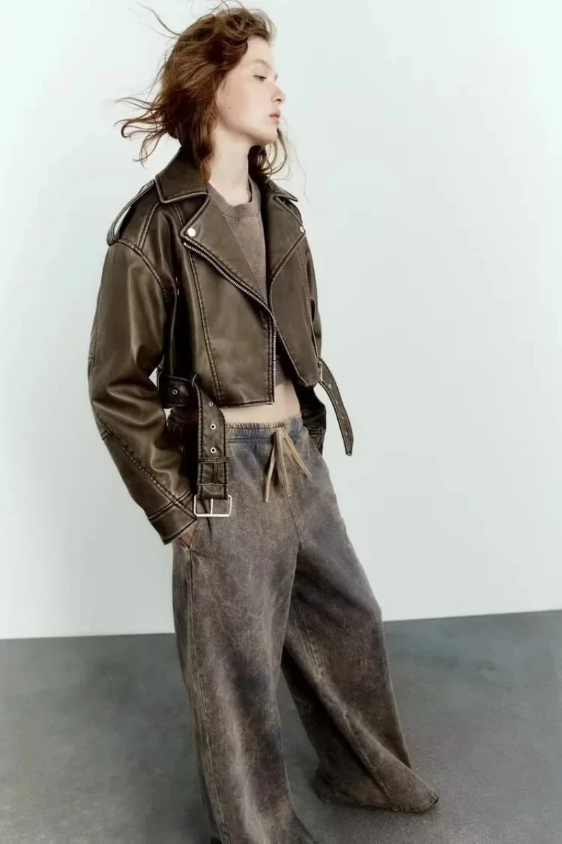 DEARIRIS Women's Punk Street Style Gradient Leather Jacket Short Coat