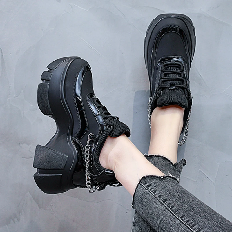 10cm Elevator Shoes Metal Decoration Ankle Boot Platform Wedge Women Casual  Autumn Super High Hidden Heel Sneakers Shoes
