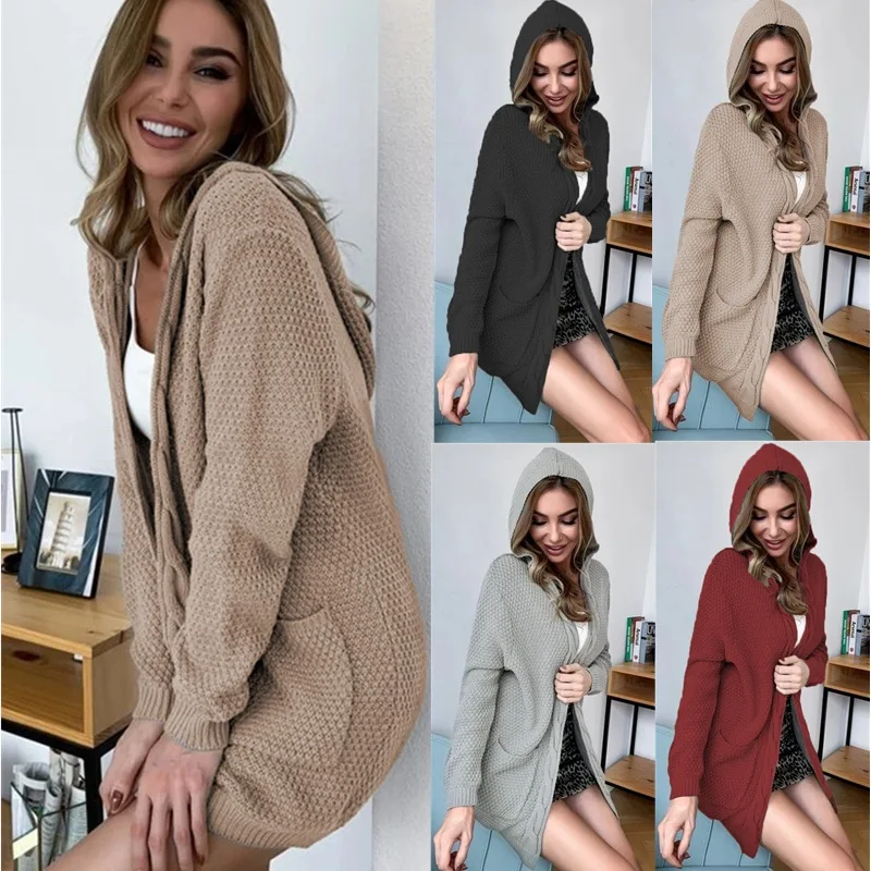 

Autumn and winter knitting casual twisted rope hoodie pocket cardigan long sleeve loose knit sweater women