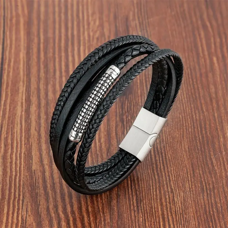 

Luxury Style Multi-layer Stainless Steel Men's Leather Bracelet Classic Hand-woven Leather Rope Customizable DIY Drop Shipping