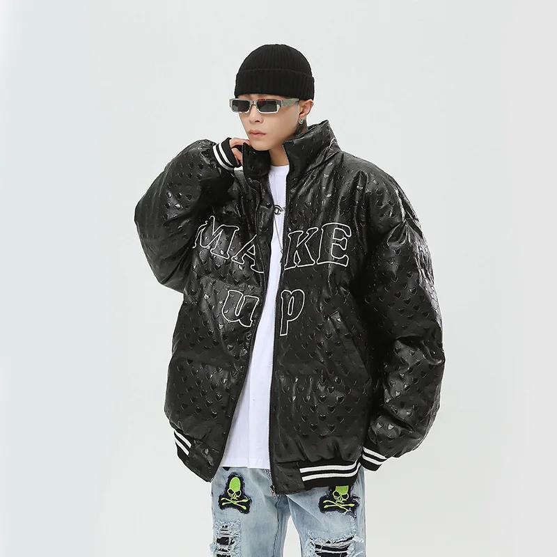 Hip Hop Men's High Street Love Embossed Parkas Fashion Vintage PU Leather Thicken Warm Jackets Winter Couples Streetwear Male