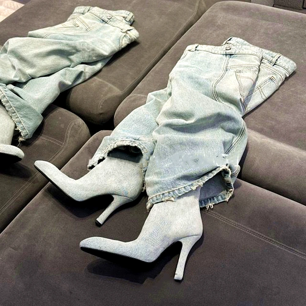 New Women Blue Washed Jeans Retro Style Knee High Boots Square-Toe Fashion Spice Girl Loose Straight Casual Pants High Shoes