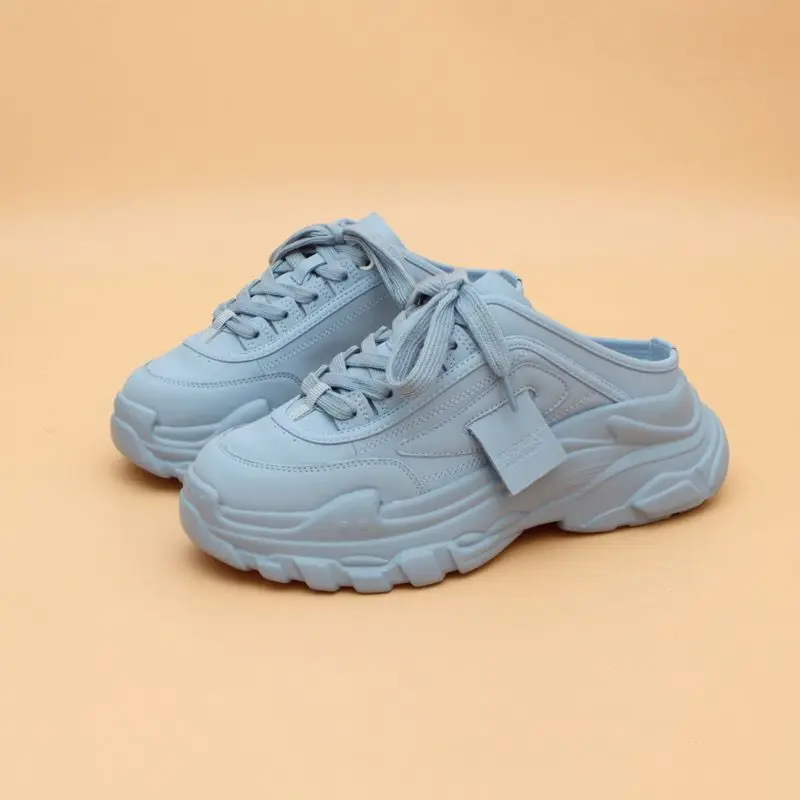 Genuine Leather Heel-Free Dad Shoes 2023 New Thick Bottom Candy Color Leisure Pump Half Slippers Women's Outer Wear