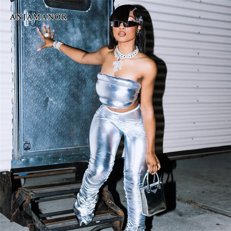 

ANJAMANOR Metallic Silver Sexy 2 Piece Set Puffer Crop Top and Ruched Stacked Pants Clubbing Outfit Women Streetwear D96-FZ38