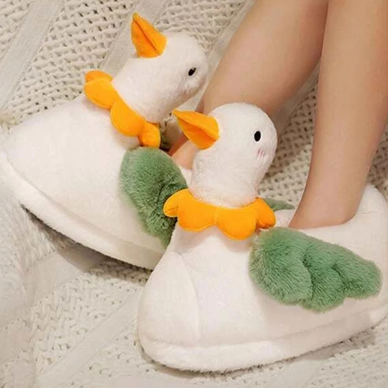 New Home Slippers Cute Duck Modeling Design 2023 White Warm Adult  Lady Plush Head Silent Indoor Floor Women Fun Slippers