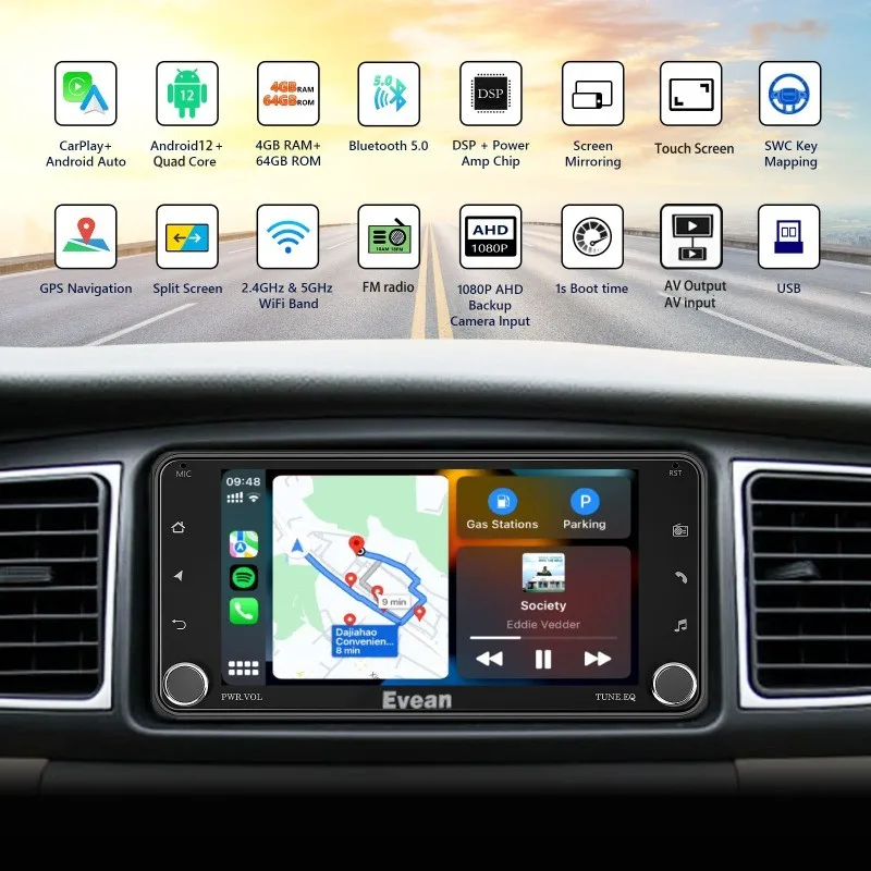 Фото Evean 7-дюймовый 4G 64G автомобильный Android-плеер беспроводной Apple CarPlay Android Auto Plug and Play для/Vios/vigo/fortuner/corolla №2