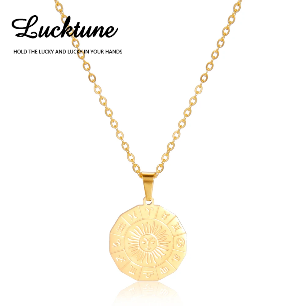 

Lucktune Sun Zodiac Pendant Necklace for Women Stainless Steel Libra 12 Constellation Chain Choker Vintage Jewelry Birthday Gift