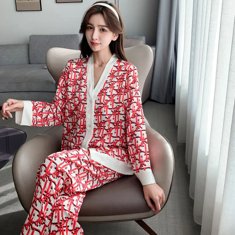 Spring and Summer New Ice Silk Pajamas Female Retro Sexy Fashion Ice and Snow Silk Home Service Cardigan Suit