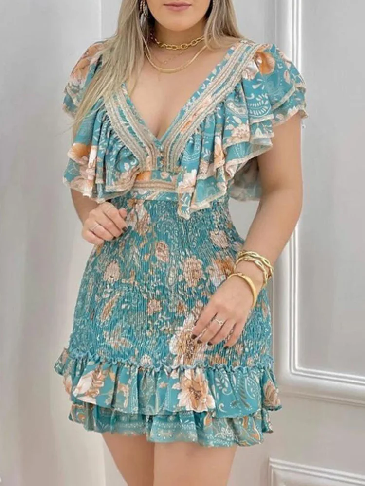 

2022 Summer Dress Contrast Lace Shirred Women Cap Ruffle Sleeve Hem V Neck Floral Print Dress