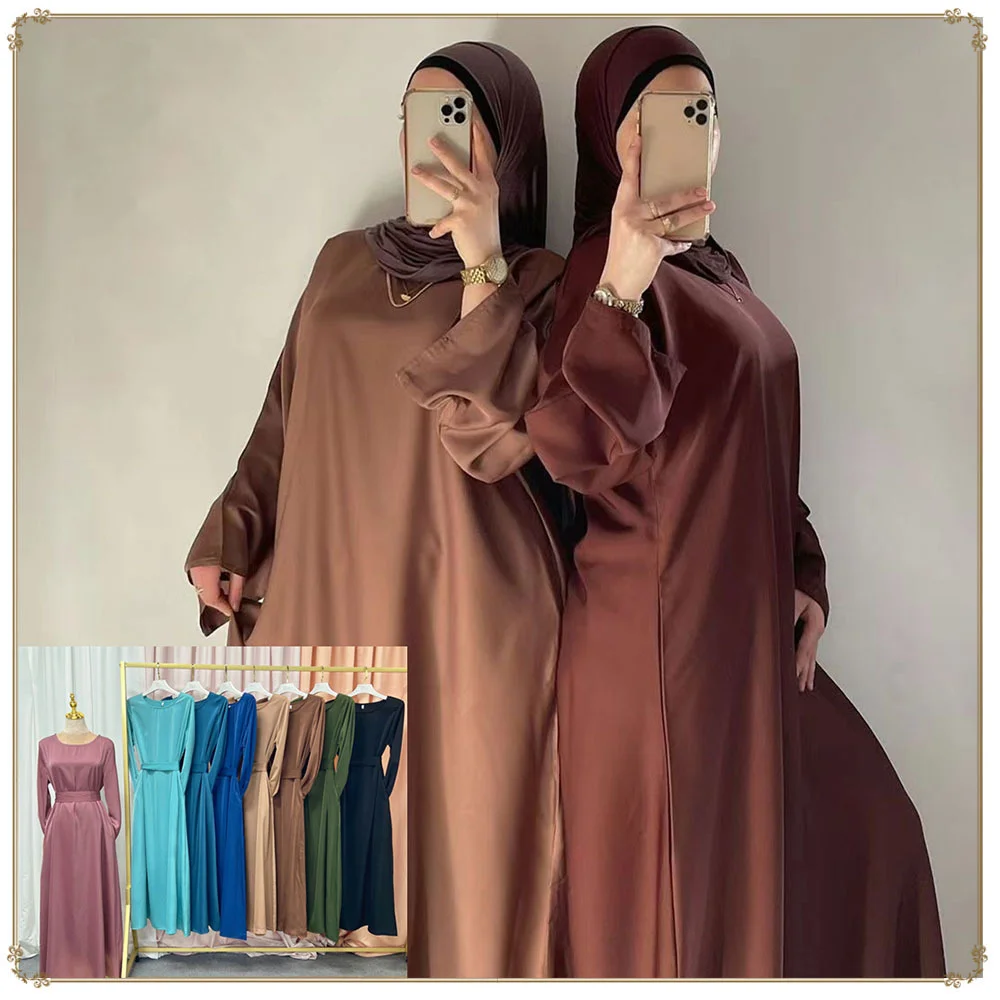 Satin Abaya Dubai Turkey Muslim Fashion Hijab Dress Plain Closed Belted Abayas for Women African Islam Modest Clothing Kaftan