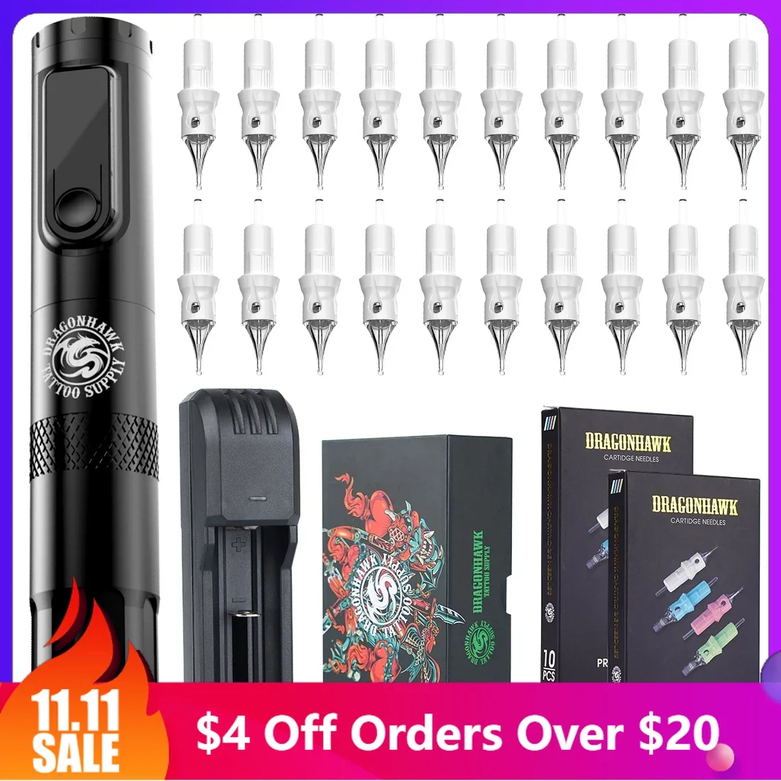 

Dragonhawk гравитационный индуцированный регулятор напряжения, сменная батарея, Беспроводная Машинка для татуировок, перманентного макияжа, 20 шт. картриджей