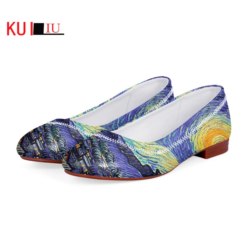 

KUILIU Women Low-heeled Flat Vincent Van Gogh Starry Night Print Ladies Party Dress Shoes Club Dance Footwear Dropshipping