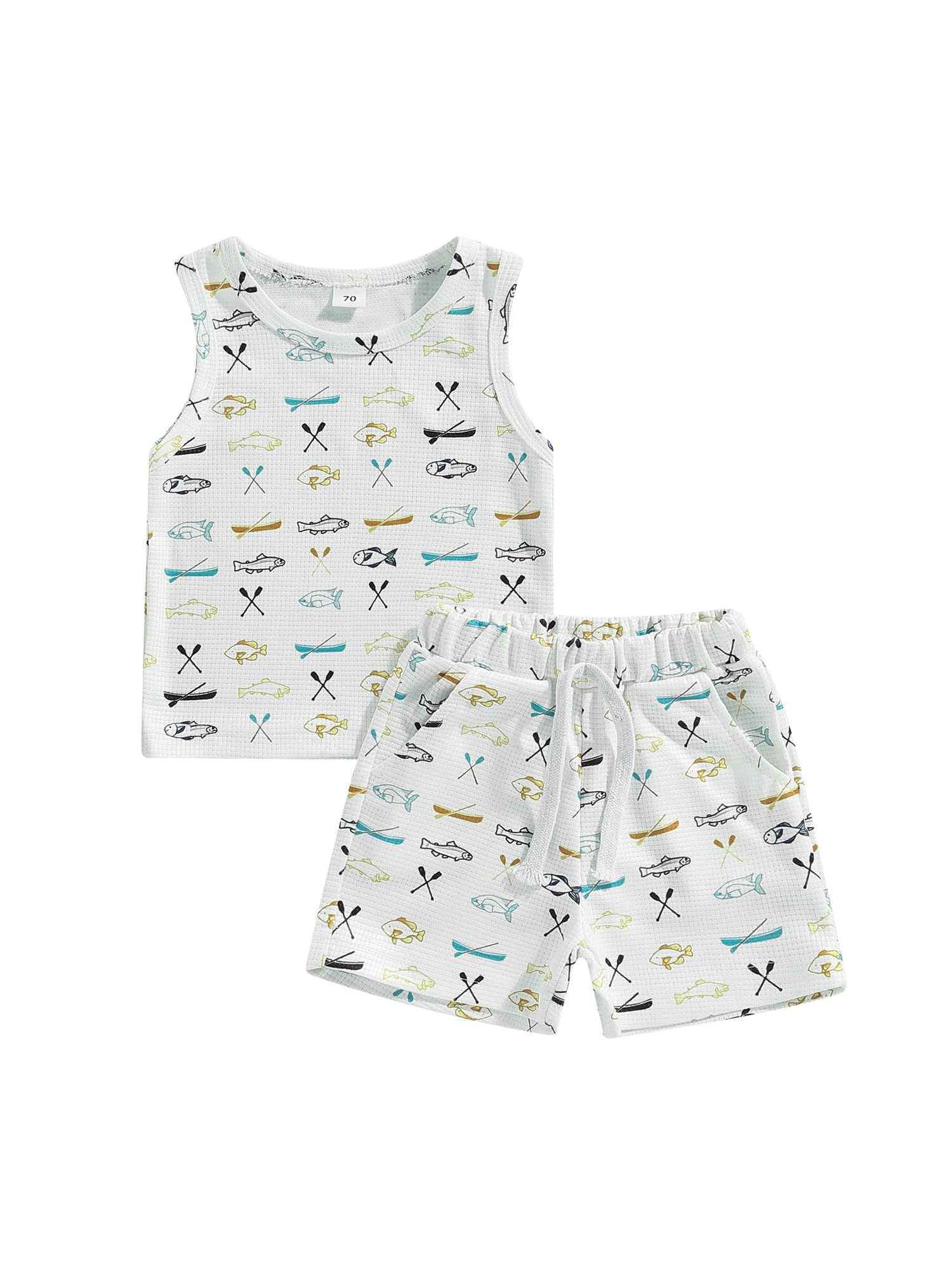 

Летняя одежда для маленьких мальчиков 2 шт., мультяшная вафельная клетчатая кофта без рукавов, майка, шорты с кулиской, наряды