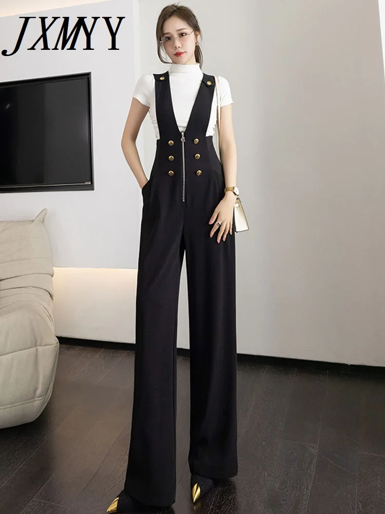 

JXMYY Suspenders Women 2023 New Elegant Temperament Double Breasted Waist Closed Show Thin High Waist Wide Leg Suit Jumpsuit