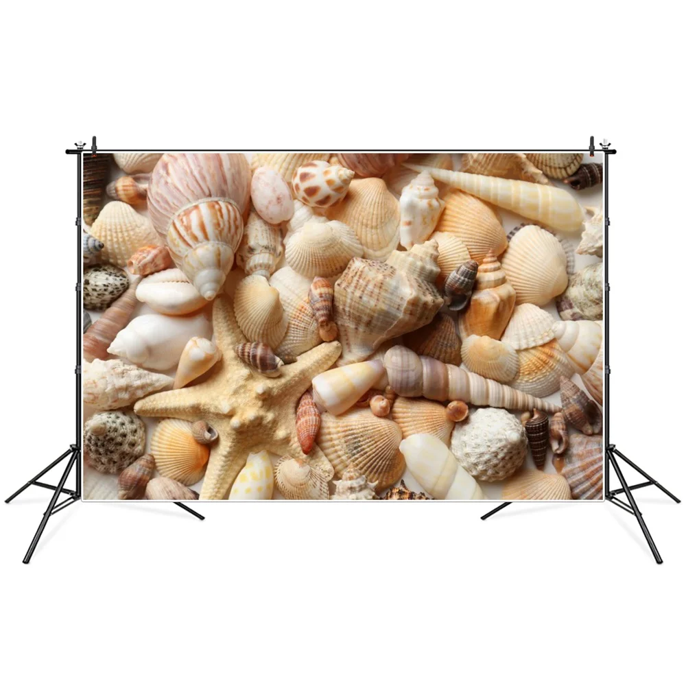 

Conches Shells Seastars Flat Lay Wallpaper Decoration Photography Backdrops Summer Seaside Children Party Photoshoot Backgrounds