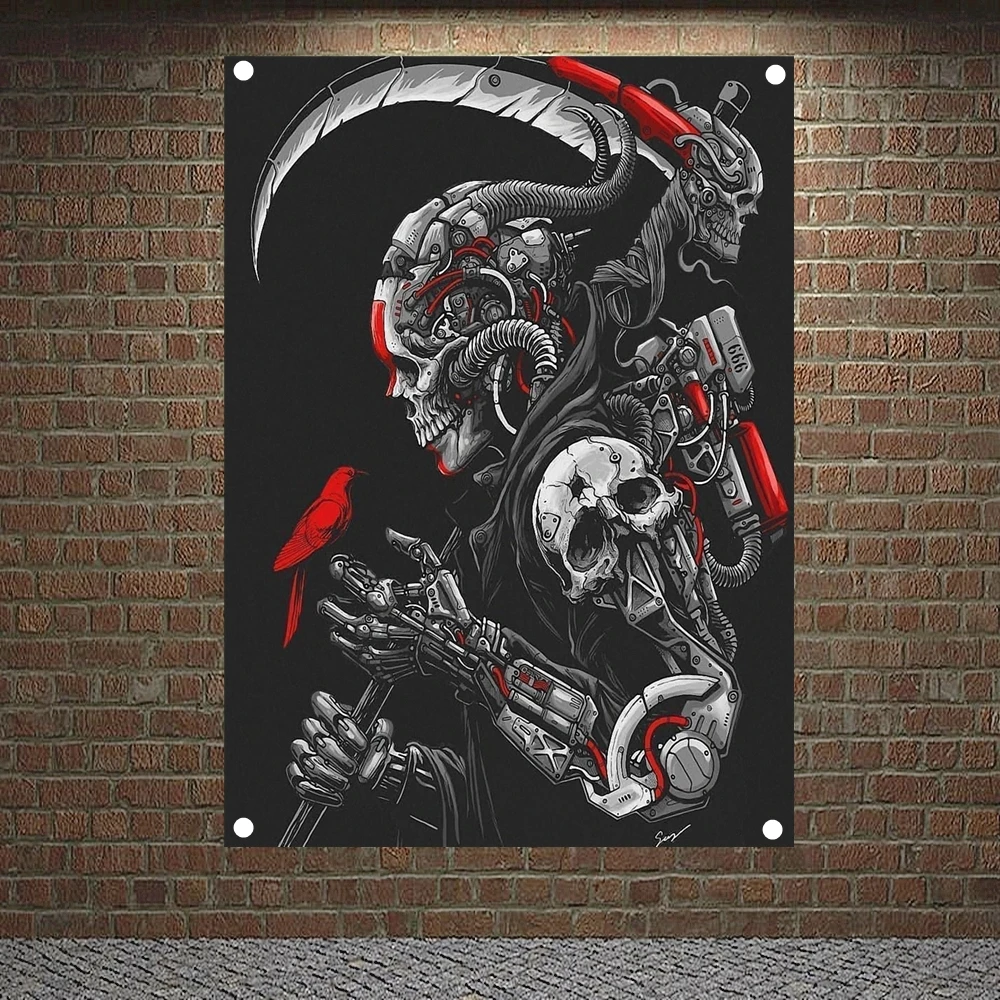 

Grim Reaper and Bird Banners Skull Tattoo Art Flags Canvas Painting Bar Home Decor Scary Bloody Posters Tapestry Wall Hanging