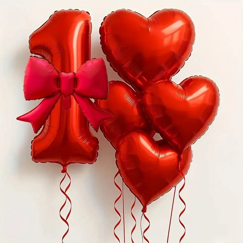 

Набор Из 6 Фольгированных Шаров С Красным Сердцем И Бантом, 32-дюймовые Цифры Для Дня Рождения, Свадьбы, Годовщины