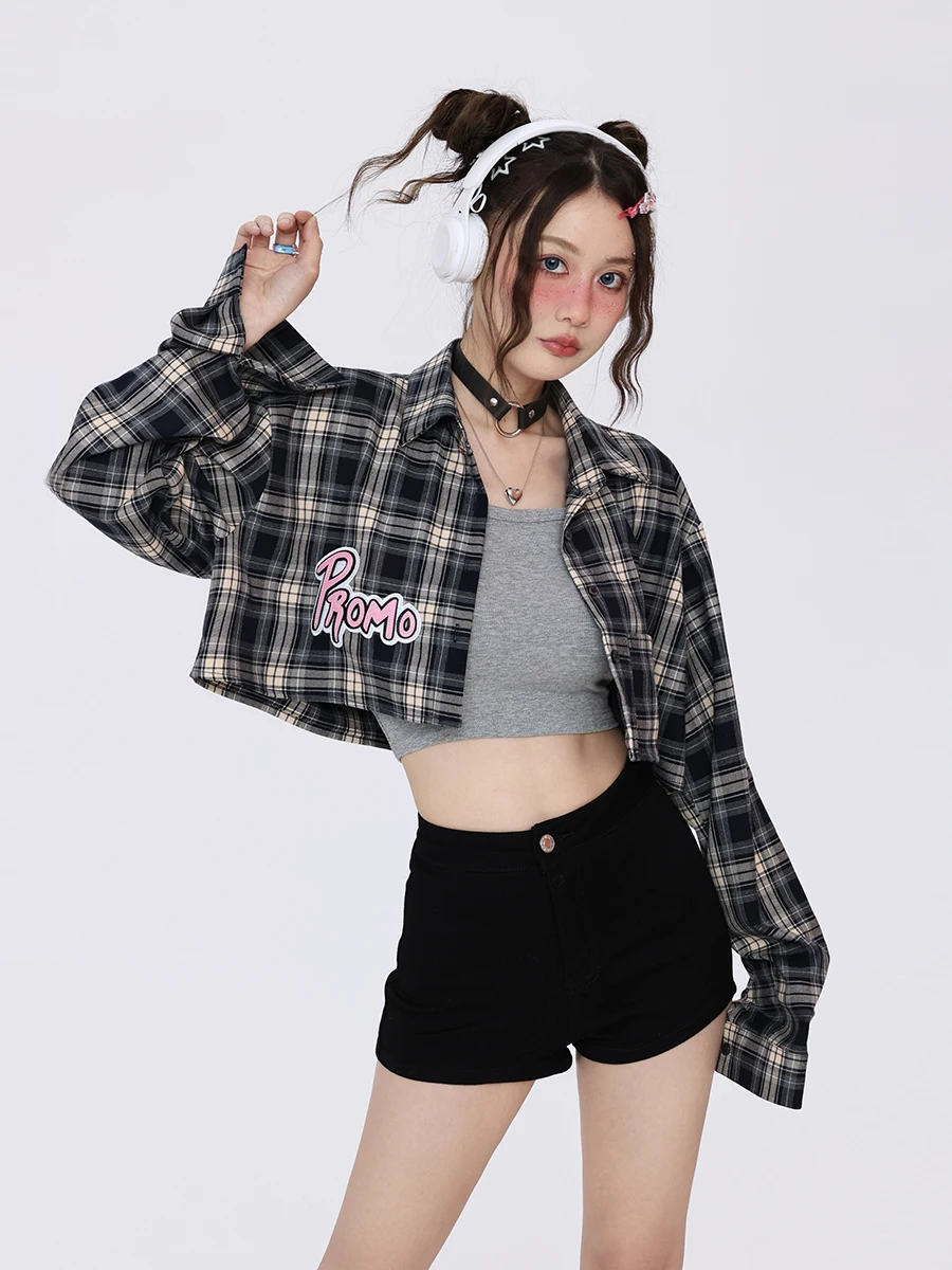 

Милая и Пряная Ретро рубашка в клетку, женская модная свободная короткая рубашка темно-синего цвета с вышивкой и надписью и длинными рукавами, повседневное пальто