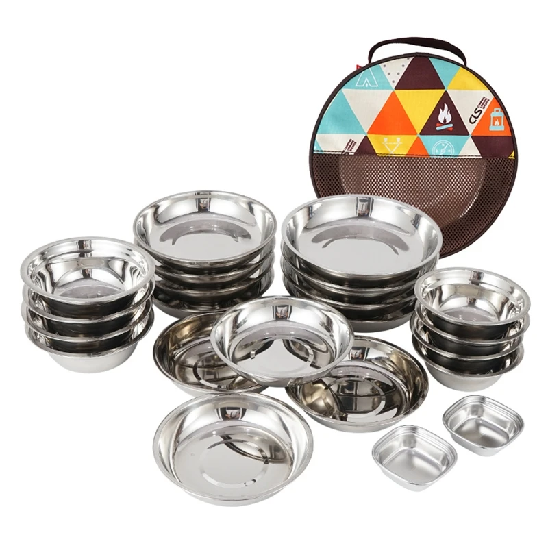 

22 Pcs Camping Cookware Kit Camp Plates and Bowls Stainless Steel Utensil Set
