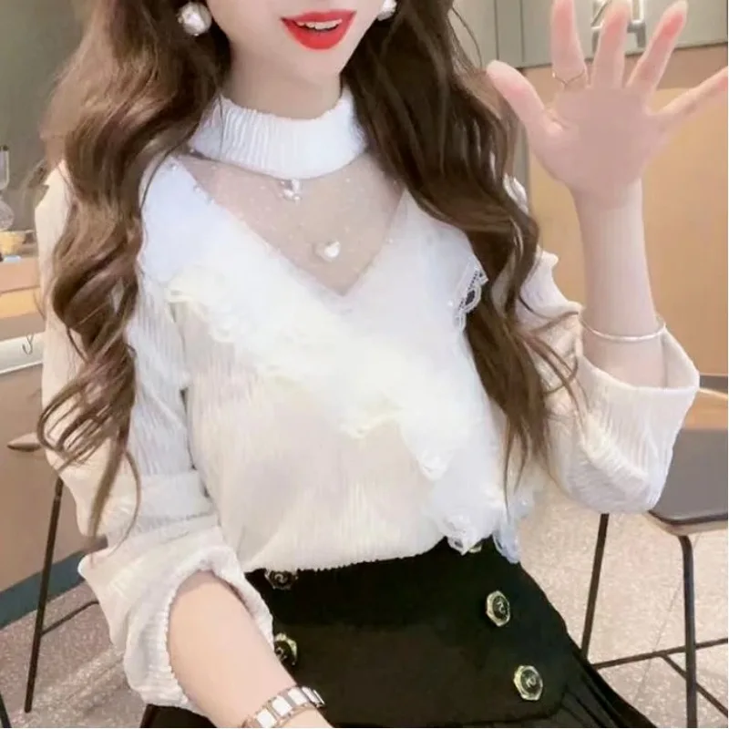 Женский осенне-зимний новый корейский ажурный лоскутный топ с полувысоким