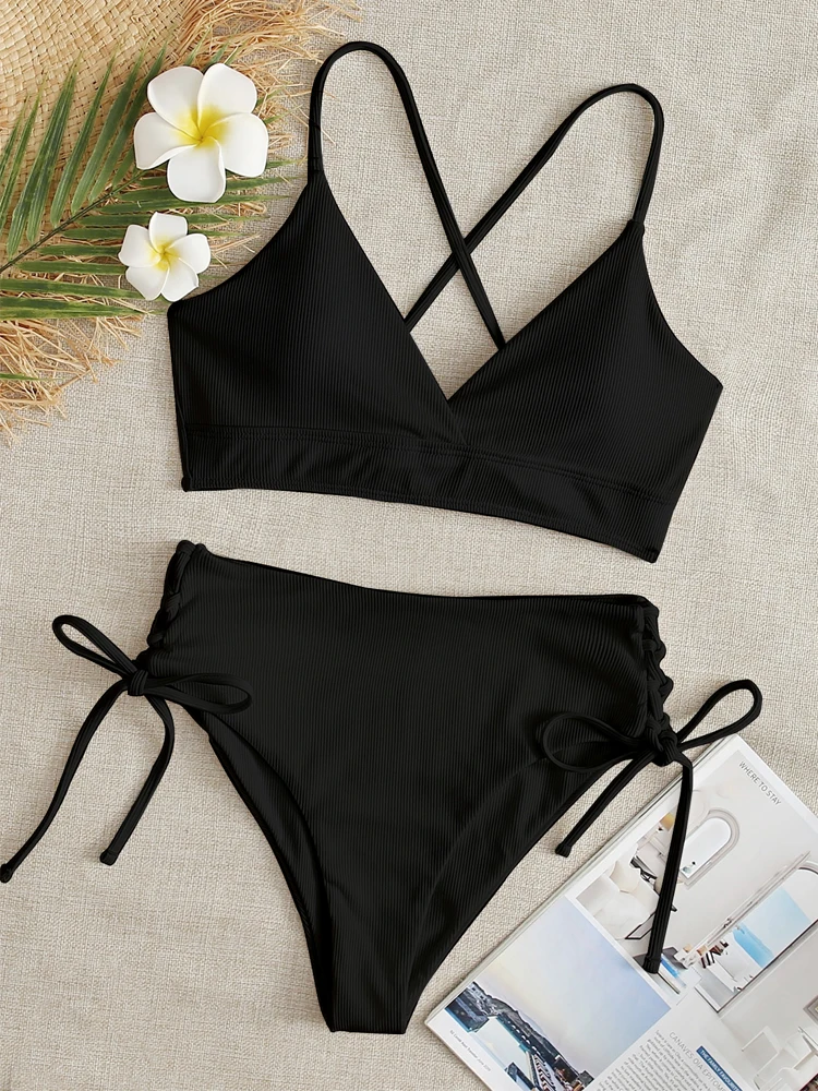 Бикини новинка 2022 женский купальник однотонный черный комплект бикини в рубчик