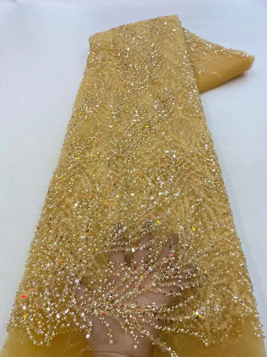 

Luxury 3D Lace Fabric 5 Yards Dubai Hand Beaded Tulle Lace Fabric Embroidered Applique African Nigerian Fabric For Sewing