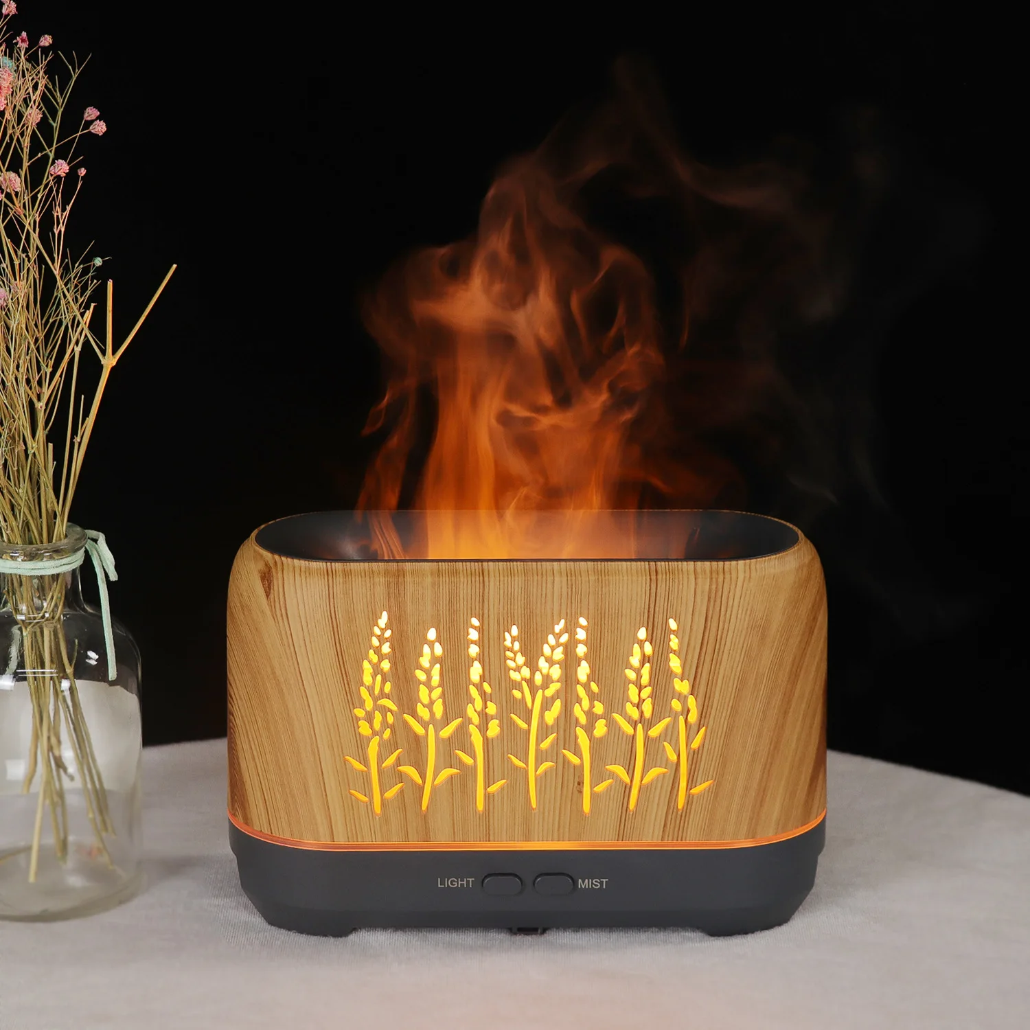 Enlarge 200ml Wood Grain Aroma Diffuser Hollow Heartbeat Line Flame Humidifier Household Flame Diffuser Essential Oils Humidifier 2022