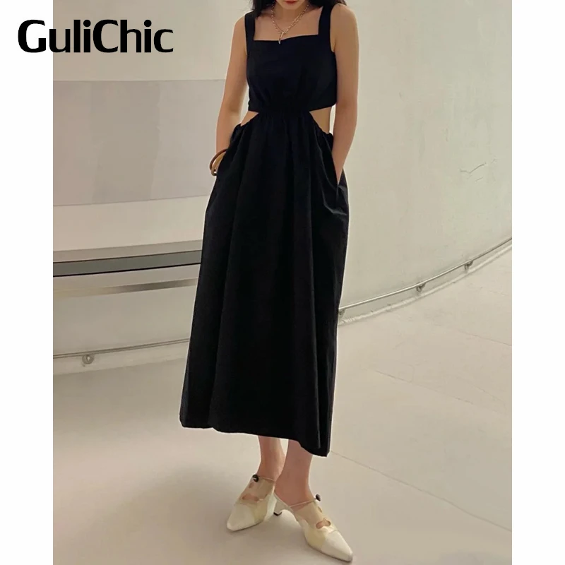 

4.15 GuliChic Women Square Collar Shoulder Strap Drawstring Collect Waist Solid Color Banquet Party Fashion Midi Dress