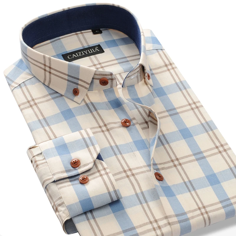 

100% Cotton Men's Long Sleeve Plaid Checkered Shirt Pocketless Design Button Down Collar Gingham Shirts Casual Social Clothing