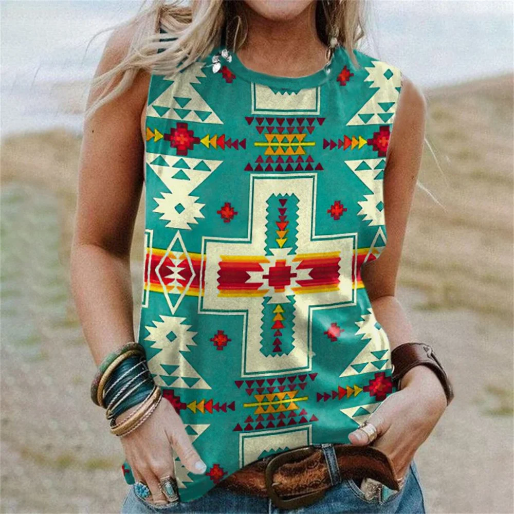 

Women Summer Tank Top Casual Vintage Ethnic Printed Sleeveless Geometry T-Shirts Loose V-Neck Pullover Street Female Vest Tops