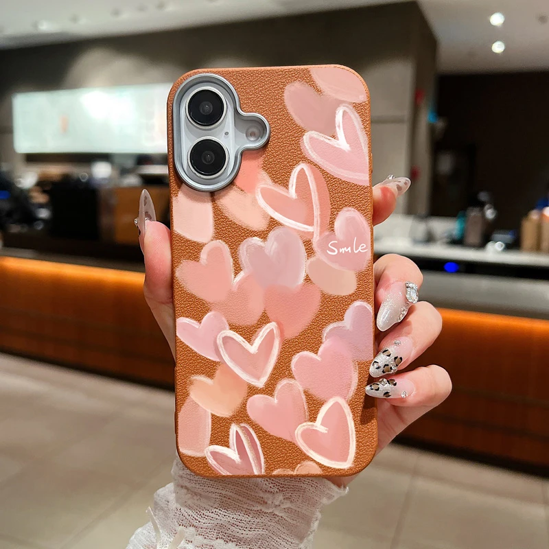 Pink Love Hearts Case For iPhone 11 12 13 14 15 Pro Max SE Luxury Leather Texture Soft Silicone Cover 16