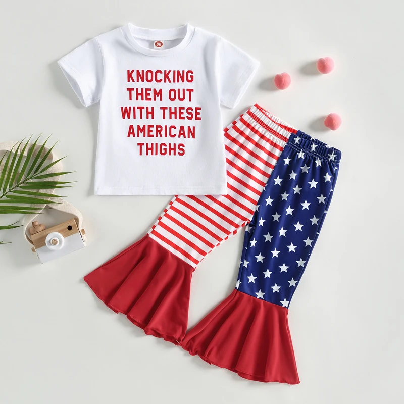 

Kids Baby Girls Summer Independence day Outfit Short Sleeve Crew Neck Letters Print T-shirt with Stars Stripes Print Flare Pants