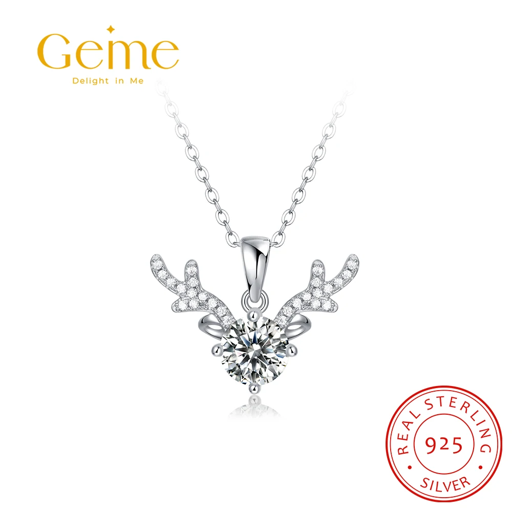 

Geme 925 Sterling Silver 1 Carat Moissanite Deer Antlers Necklace D Color Cute Elk Pendants for Women Wedding Accessories