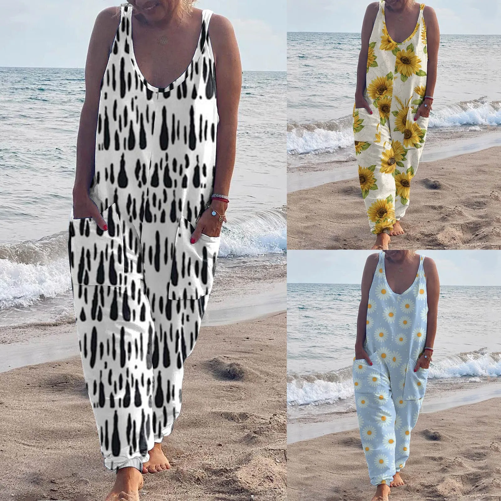 

Women Summer Casual Sleeveless Prints Jumpsuits Long Pant Romper Jumpsuit With Pockets Combinaison Femme