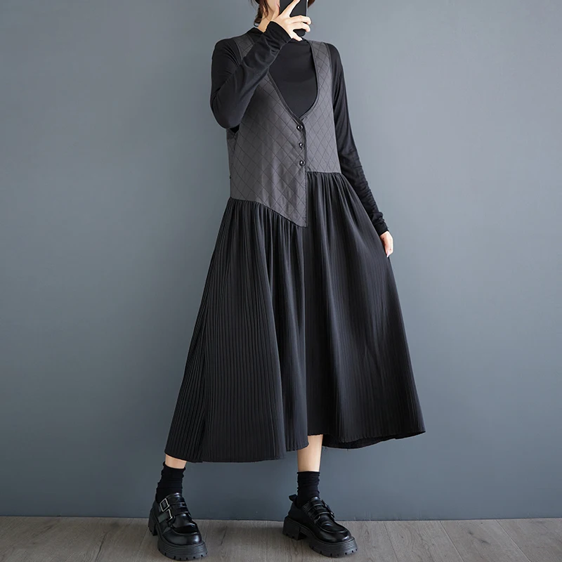 # 6880 Черные женские платья-майки с v-образным вырезом и пуговицами свободное