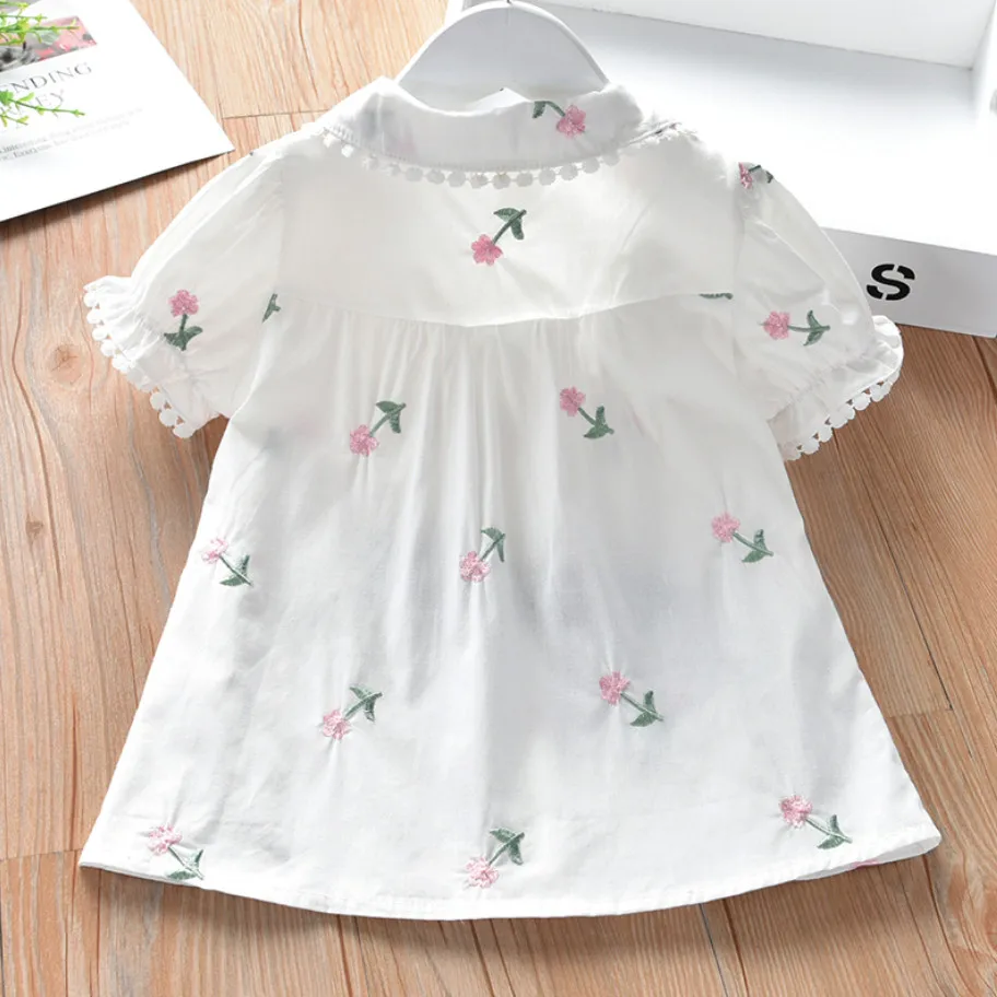 

Cute Girls Shirts Spring Summer Children's Clothing Baby Girl Flower Embroidery Sweet Short Sleeve Blouse Tops Kids Gifts