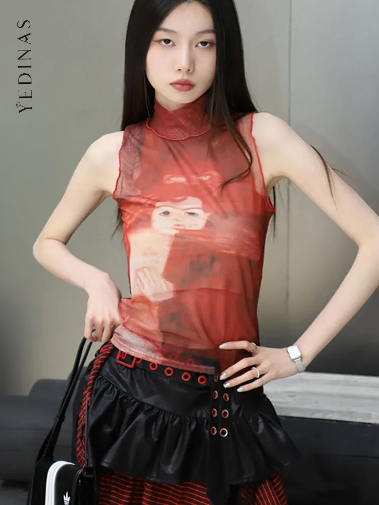 Yedinas Gothic Red Mesh Tops Ptint Tank Top Sleeveless Graphic Tees See Through Y2k Spandex Turtleneck Summer Top Feminino Chic