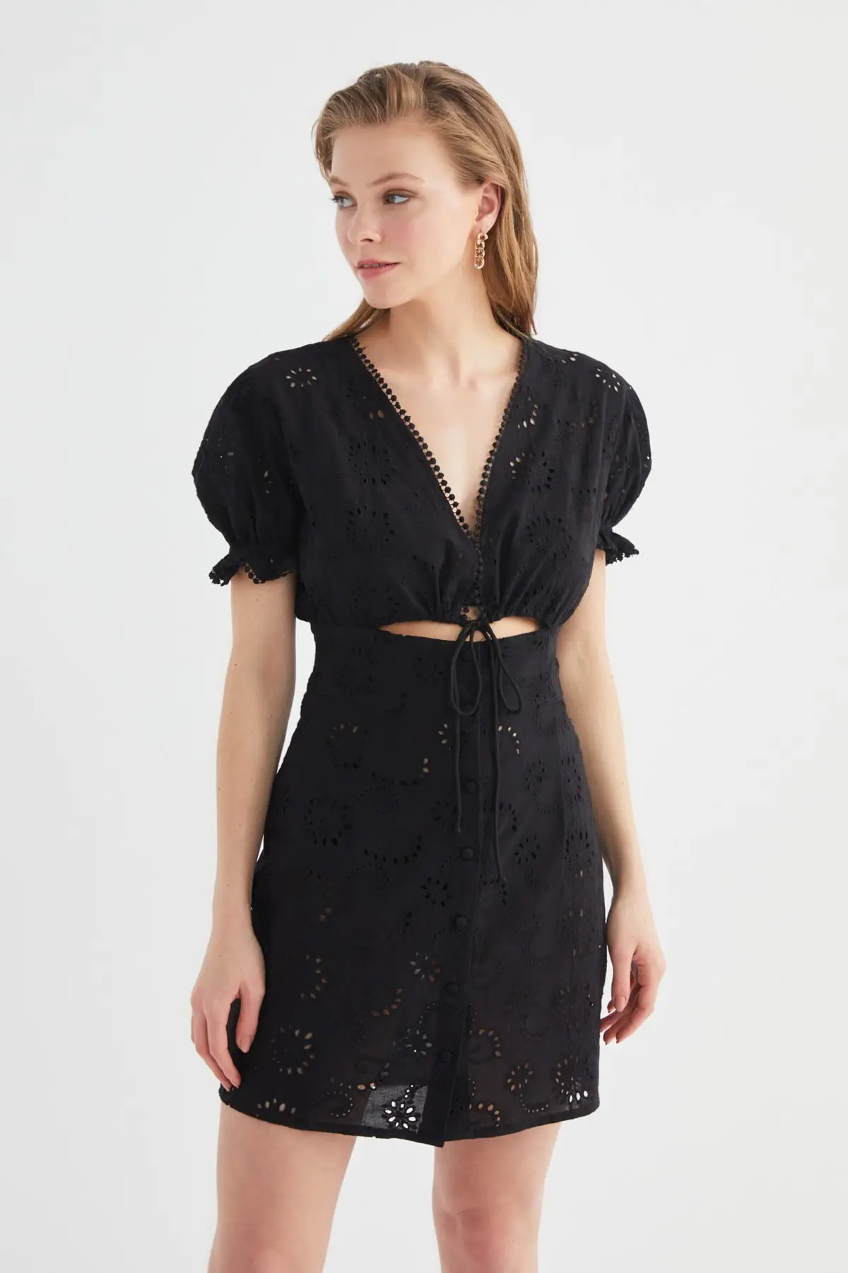 

Black Button Detail Fisto Beach Dress TBESS21EL3855 Mini Cotton V Collar Beach Apparel Slim