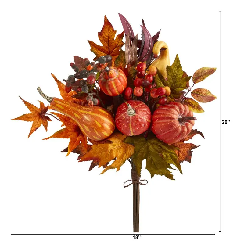 

Vibrant Lovely Multi-Colored Pumpkin and Maple Leaf Artificial Flower Bouquet, Perfect for Adding a Touch of Fall and Thanksgivi