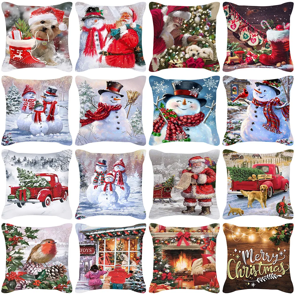 

Merry Christmas Cushion Covers 45x45 cm Snowman Christmas Tree Santa Deer Printed Pillow Cover Home Decor Pillowcase for Couch