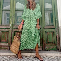 womens 2022 summer new long skirt printed dress bohemian large swing v neck dress green women